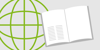 News-Icon Buch und Weltkugel Icon einer angedeuteten Weltkugel mit geöffnetem Projekt-Buch